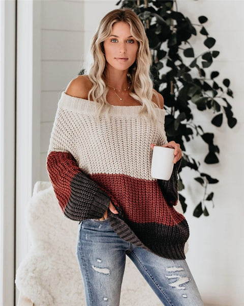 Slash Neck Off Shoulder Striped Knitted Sweater