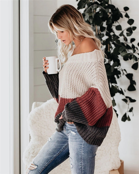 Slash Neck Off Shoulder Striped Knitted Sweater