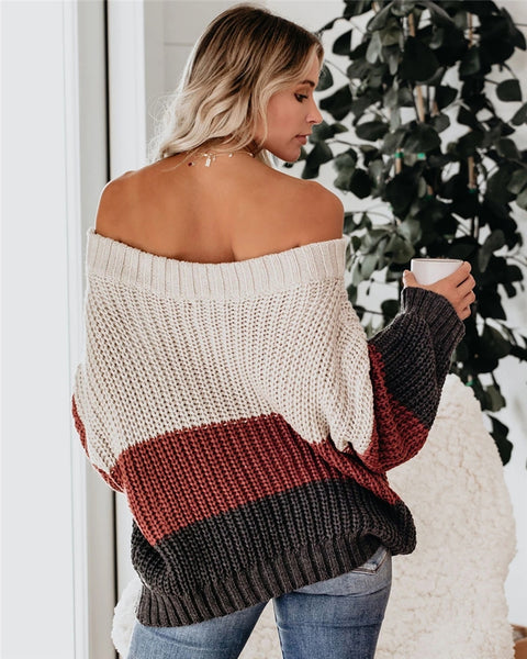 Slash Neck Off Shoulder Striped Knitted Sweater