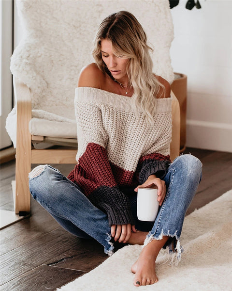 Slash Neck Off Shoulder Striped Knitted Sweater