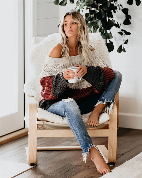 Slash Neck Off Shoulder Striped Knitted Sweater