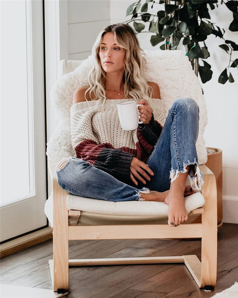 Slash Neck Off Shoulder Striped Knitted Sweater