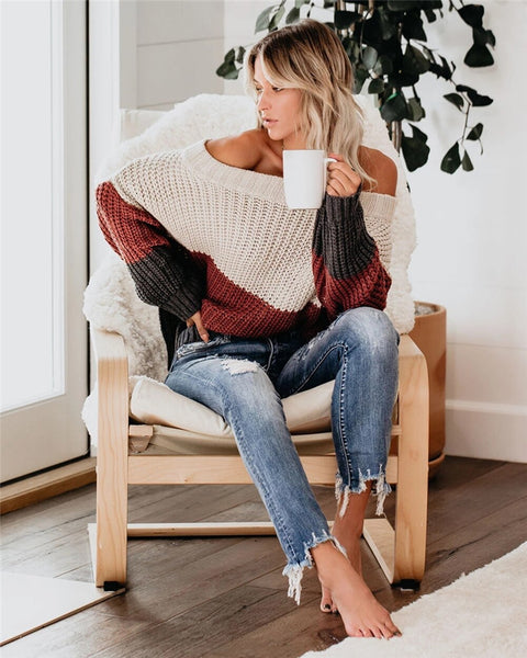 Slash Neck Off Shoulder Striped Knitted Sweater