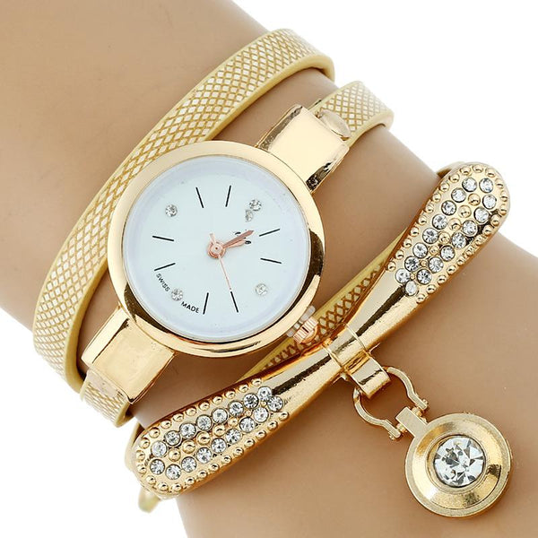 Gold Platinum Rhinestone Leather Bracelet Watch