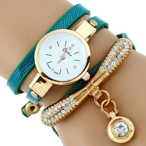 Gold Platinum Rhinestone Leather Bracelet Watch