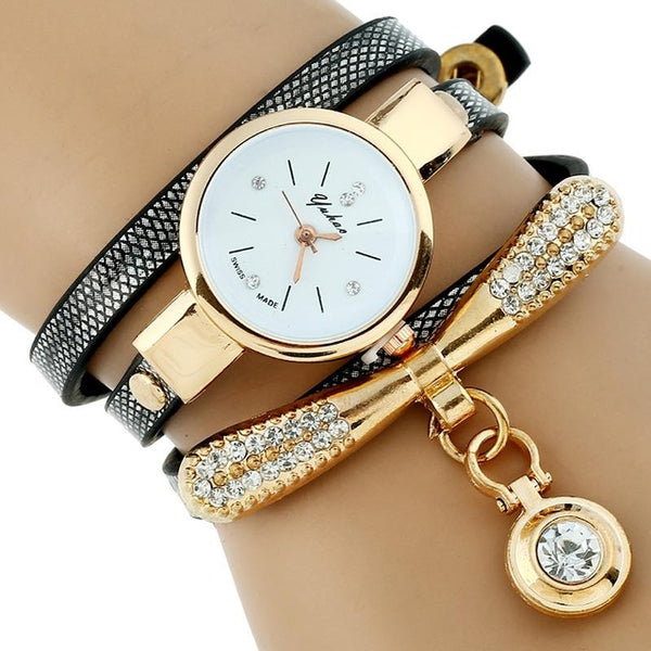 Gold Platinum Rhinestone Leather Bracelet Watch