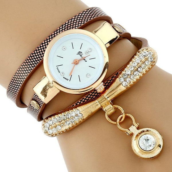 Gold Platinum Rhinestone Leather Bracelet Watch