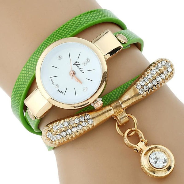 Gold Platinum Rhinestone Leather Bracelet Watch