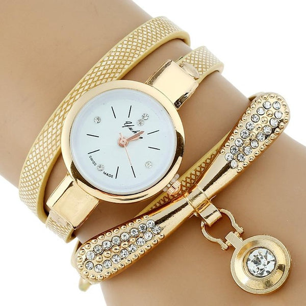 Gold Platinum Rhinestone Leather Bracelet Watch