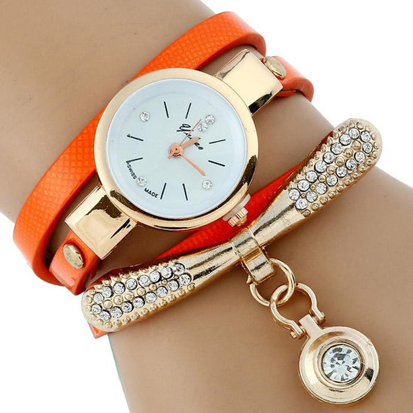 Gold Platinum Rhinestone Leather Bracelet Watch