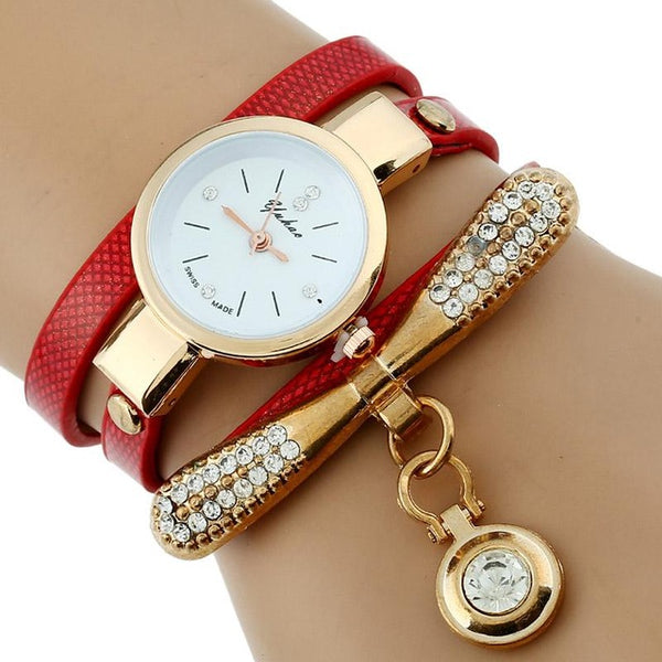 Gold Platinum Rhinestone Leather Bracelet Watch