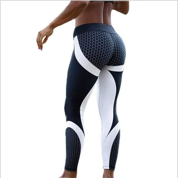 Mesh Pattern Print Sporting Workout Elastic Slim Black White