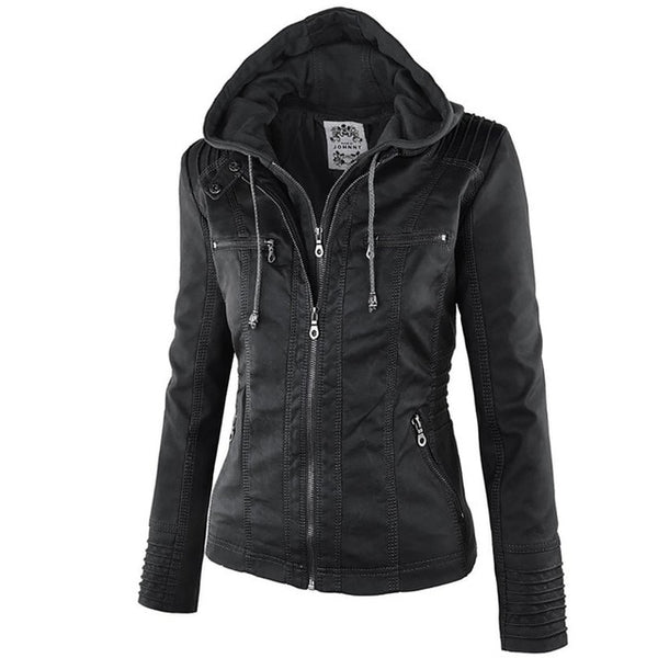 Faux Leather Hooded Plain Detachable Zipper Biker Jacket Coat