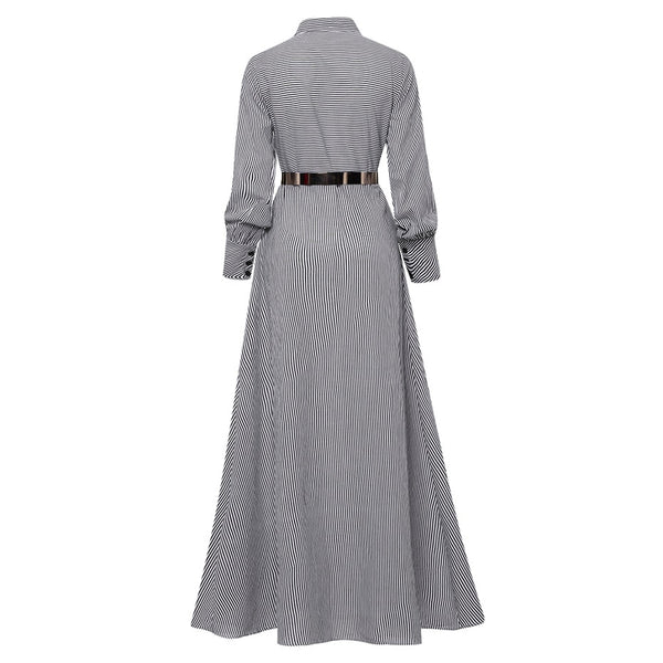 Striped Bowknot Tie Button Pocket Elegant A-line Long Maxi Dress