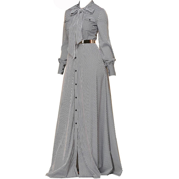 Striped Bowknot Tie Button Pocket Elegant A-line Long Maxi Dress