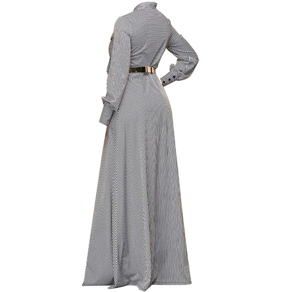 Striped Bowknot Tie Button Pocket Elegant A-line Long Maxi Dress