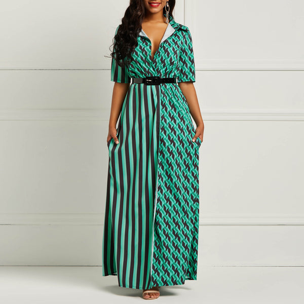 Turn-down Collar Green Striped Print High Street Belt Slim Split Maxi Dresses
