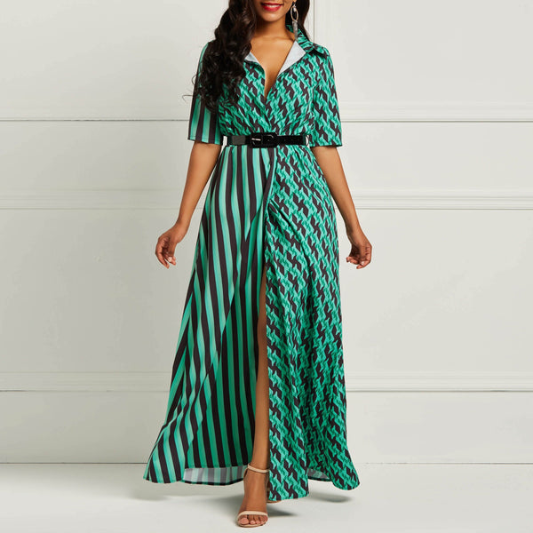 Turn-down Collar Green Striped Print High Street Belt Slim Split Maxi Dresses
