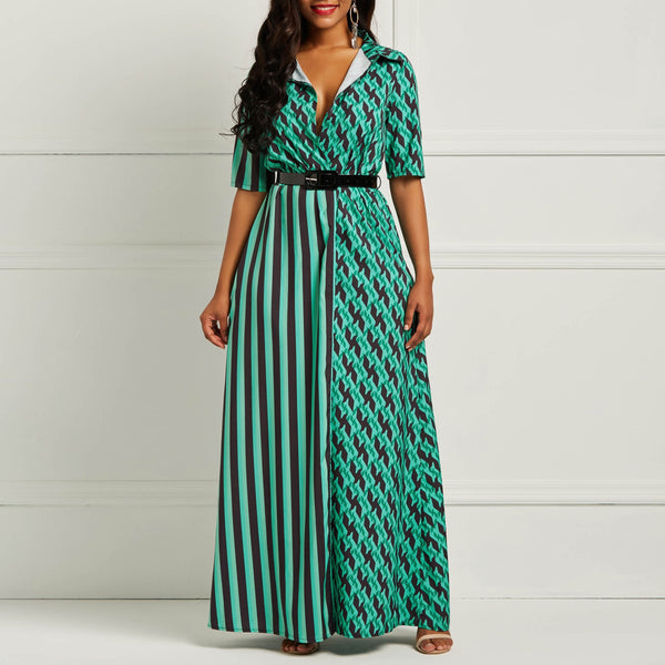 Turn-down Collar Green Striped Print High Street Belt Slim Split Maxi Dresses