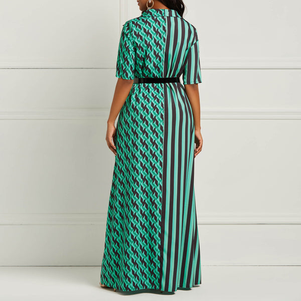Turn-down Collar Green Striped Print High Street Belt Slim Split Maxi Dresses