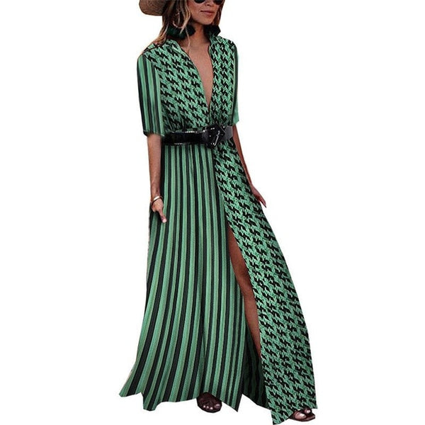 Turn-down Collar Green Striped Print High Street Belt Slim Split Maxi Dresses
