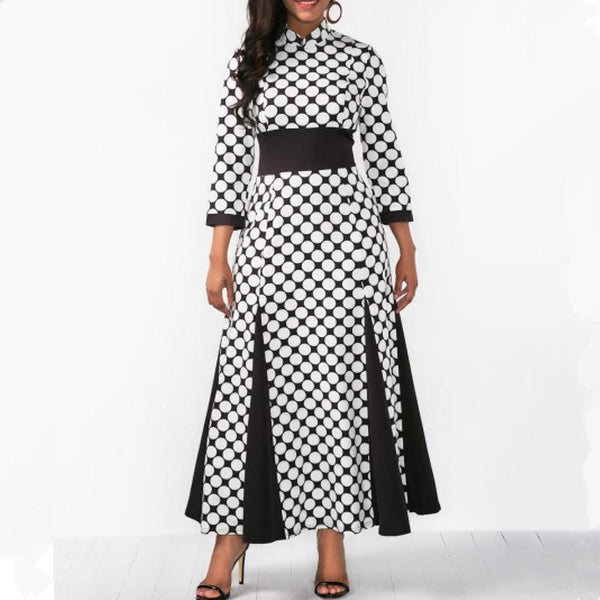 3/4 Sleeve Polka Dots Black White Slit Robe Maxi Dress