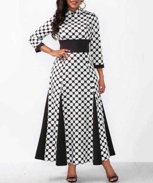3/4 Sleeve Polka Dots Black White Slit Robe Maxi Dress