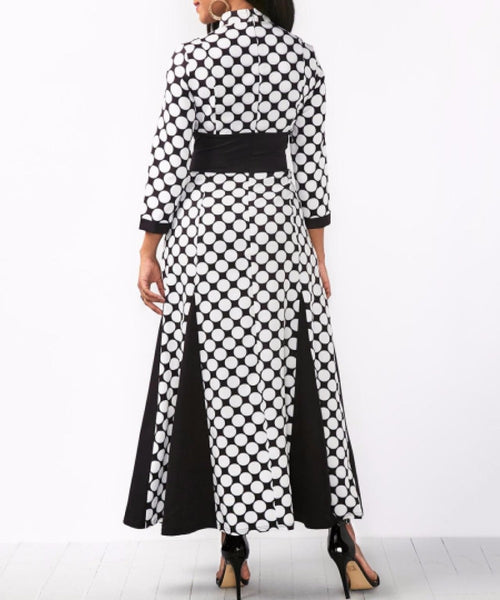3/4 Sleeve Polka Dots Black White Slit Robe Maxi Dress