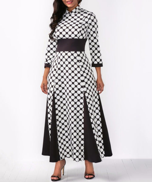 3/4 Sleeve Polka Dots Black White Slit Robe Maxi Dress