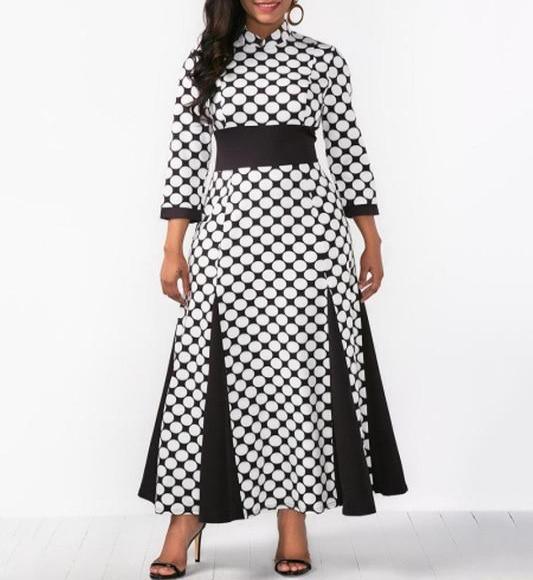 3/4 Sleeve Polka Dots Black White Slit Robe Maxi Dress
