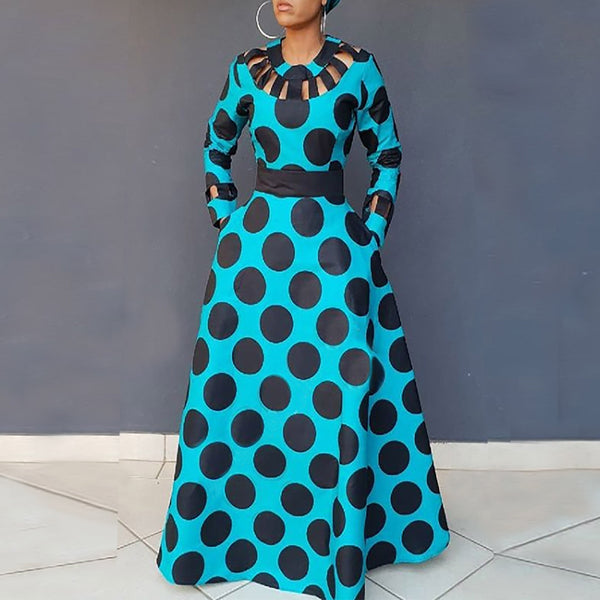 Vintage Polka Dot Swing Chic Hollow Pocket Long Maxi Dress