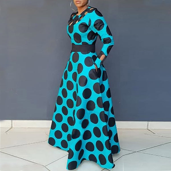 Vintage Polka Dot Swing Chic Hollow Pocket Long Maxi Dress