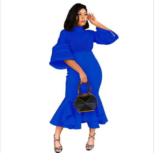 Irregular Hem Plain Flare Sleeve Maxi Dress