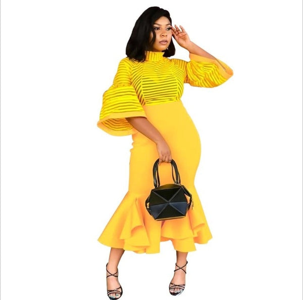 Irregular Hem Plain Flare Sleeve Maxi Dress