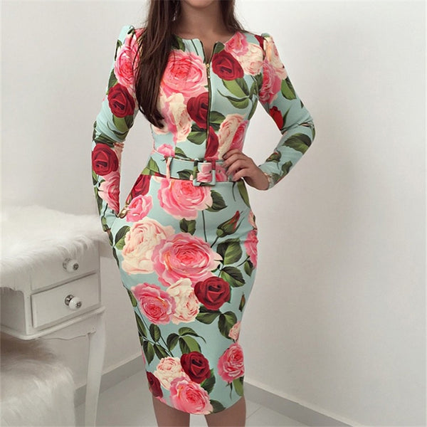 O-Neck Floral Print Pencil Zip Waistband Print Dress