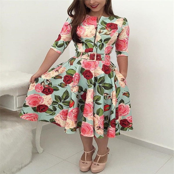 O-Neck Floral Print Pencil Zip Waistband Print Dress