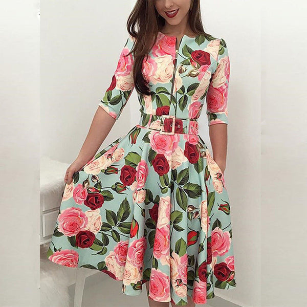 O-Neck Floral Print Pencil Zip Waistband Print Dress