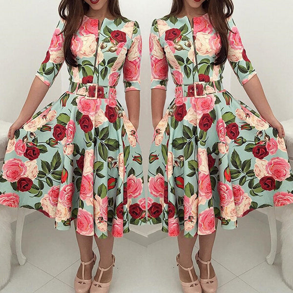 O-Neck Floral Print Pencil Zip Waistband Print Dress