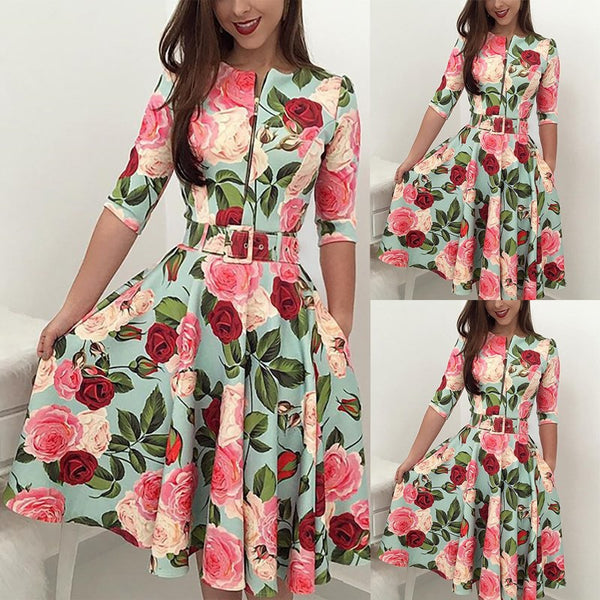 O-Neck Floral Print Pencil Zip Waistband Print Dress
