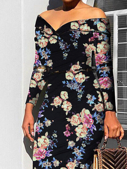 Asymmetric Off the Shoulder Flower Print Bodycon Dress