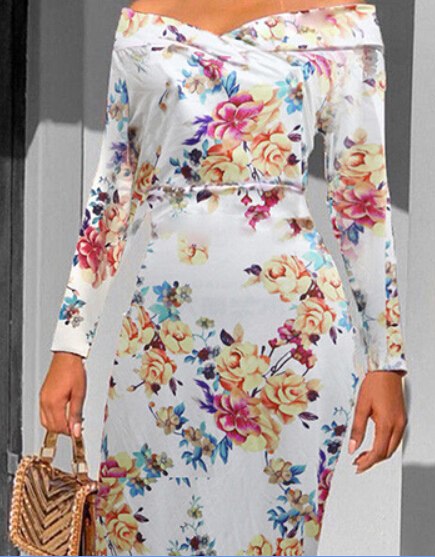 Asymmetric Off the Shoulder Flower Print Bodycon Dress
