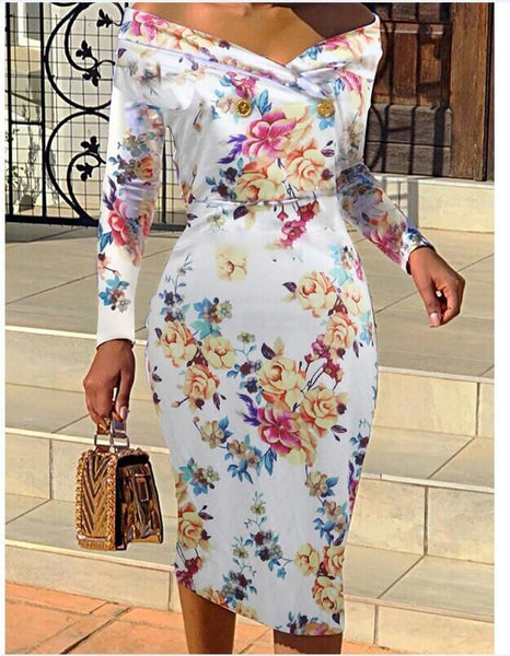 Asymmetric Off the Shoulder Flower Print Bodycon Dress