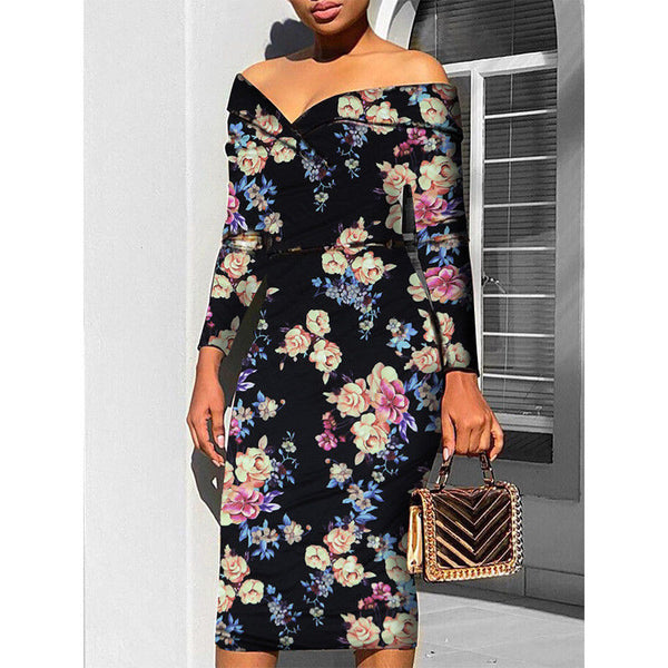 Asymmetric Off the Shoulder Flower Print Bodycon Dress