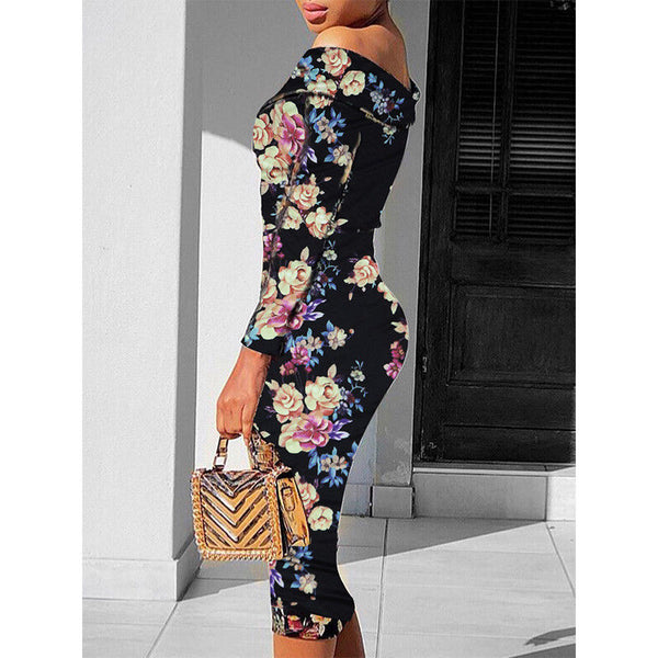 Asymmetric Off the Shoulder Flower Print Bodycon Dress
