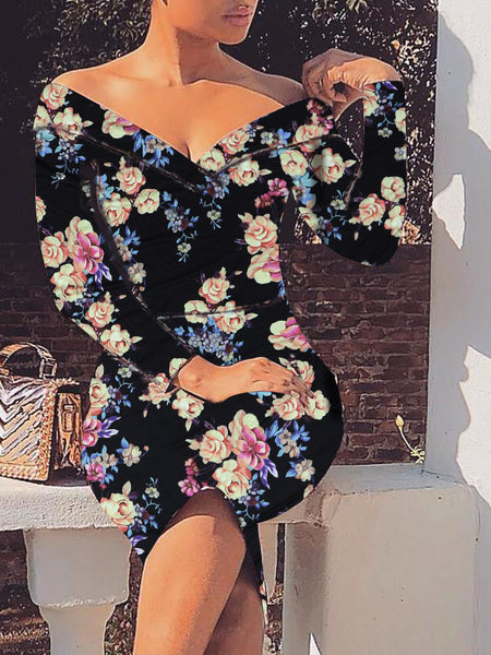 Asymmetric Off the Shoulder Flower Print Bodycon Dress