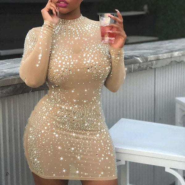 O Neck Crystal Shudded Sequins Embellished Mesh Dress