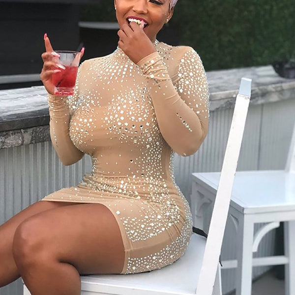 O Neck Crystal Shudded Sequins Embellished Mesh Dress