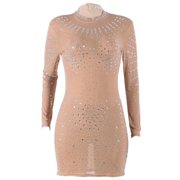 O Neck Crystal Shudded Sequins Embellished Mesh Dress