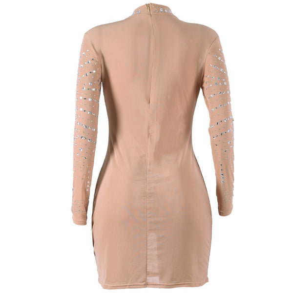O Neck Crystal Shudded Sequins Embellished Mesh Dress