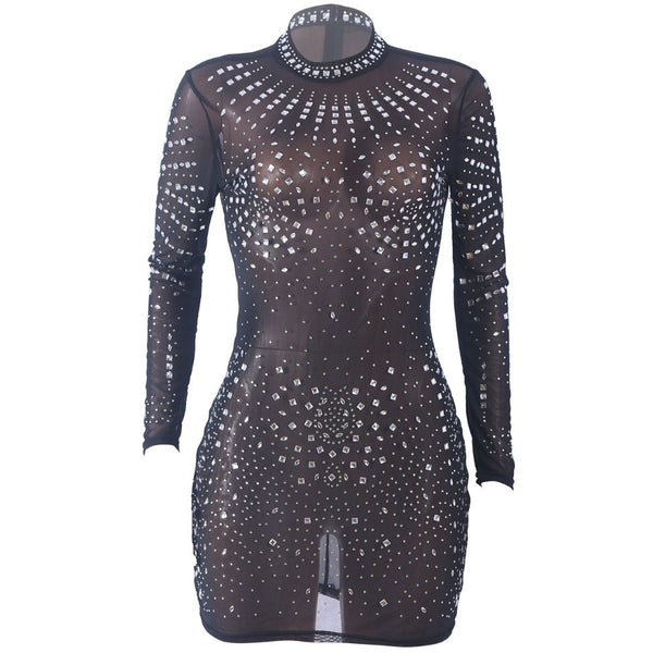 O Neck Crystal Shudded Sequins Embellished Mesh Dress